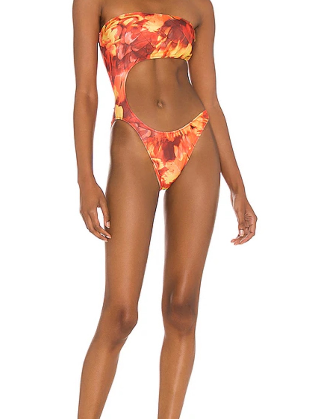 Floral Orange Bandeau Cutout One-Piece Swimsuit
